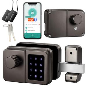 SEPOX Bluetooth Smart Gate Lock, Outdoor Gate Lock for Fence & Garage, Electronic Keyless IC Card, Passcode & Mechanical Key, Waterproof Rim Lock for Outdoor Garden Yard (Grey, Single Screen)
