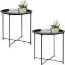 Garden 4 you End Table 2 PCS Metal Side Table Black Round Folding Tray Cyan Sofa Small Accent Fold-able Table, Round End Table Tray, Next to Sofa Table, Snack Table for Living Room and Bed Room