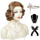 1920s Brown Flapper Vintage Wig for Women Finger Wave Wig Lady Short Curly Wig Halloween Party Cosplay Costume Synthetic Hair Wig + Accessories