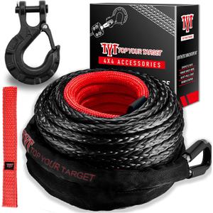 TYT Synthetic Winch Rope Kit - 3/8" x 92' with 27000 lbs Strength, Protective Sleeve, Heavy Duty Hook and Safety Pull Strap for Off-Road 4x4 Vehicles (Black)