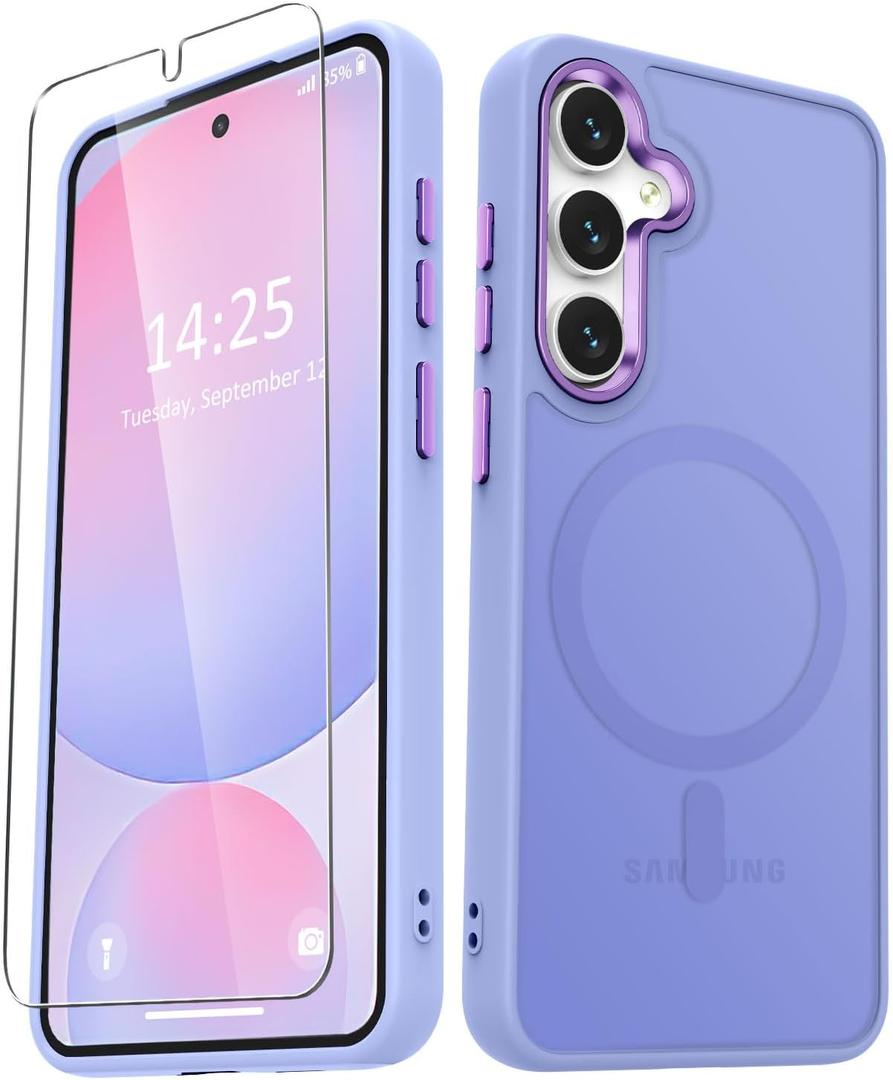 For Samsung Galaxy S24 FE Case, Matte Magnetic Phone Case with 1 Screen Protector, Support for Magsafe, Translucent Frosted Slim Shockproof Protective Cover for Samsung Galaxy S24 FE, Purple