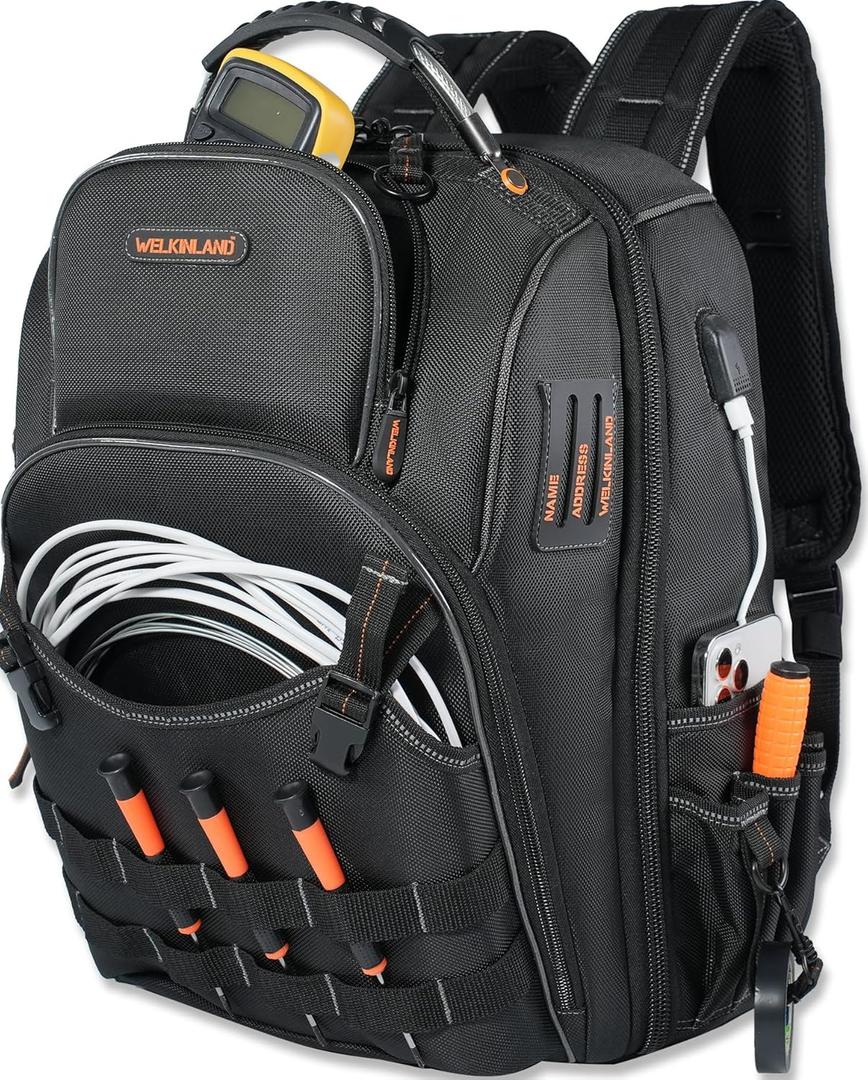 66-Pockets Tool Bag, Heavy-Duty Jobsite back pack for electricians, construction, men