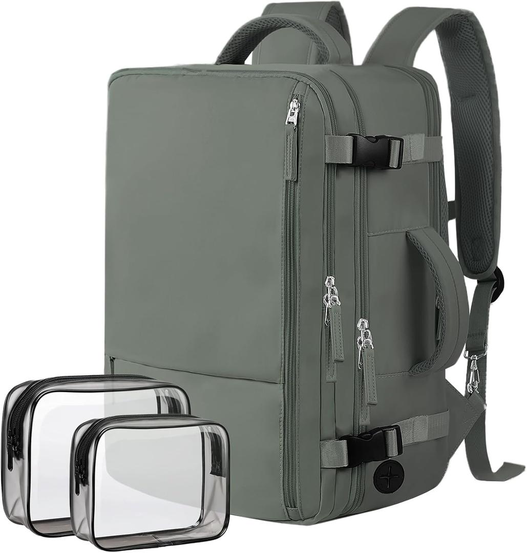 Hanples Travel Backpack as Personal Item Travel bag Flight Approved, 35L Carry on Backpack, 17 Inch Laptop Backpack, Waterproof Backpack, Casual Bag with 2 Toiletry Bags (Olive Green) (Large)