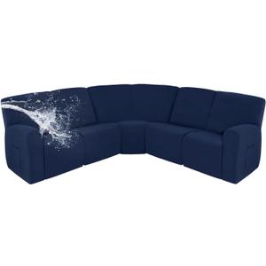 Easy-Going 100% Waterproof Recliner Cover, Stretch Couch Covers for Reclining Couches, Extra Large Sectional Sofa Slipcover, L-Shape Furniture Protector for Kids & Pets, 5 Seater, Navy