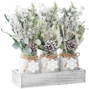 Winter Centerpieces for Tables, Table Decor with Mason Jar, Flowers Picks, Farmhouse Wood Tray, Snowflake Sign, 22 Pcs Christmas Winter White Wonderland Table Decorations Centerpieces for Home