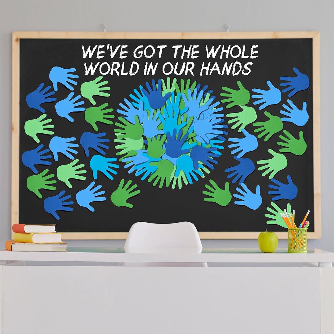 MotiMind 1000 Pcs Earth Day Bulletin Board Decorations Blue Green Hand Shaped Sticky Notes Bulk One World Together Classroom Decorations for Student School Classroom Publicity Events, 20 Sets