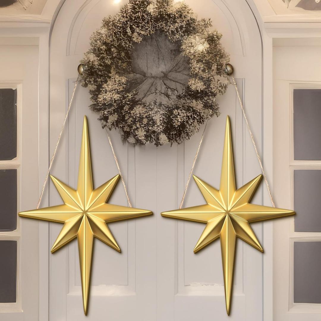 Quzzil 2 Pcs Christmas Bethlehem Star Hanging Sign Wooden Christmas Welcome Decor Bethlehem Star Door Sign Wall Plaque Xmas Decoration for Fireplace Home Indoor Outdoor Decor