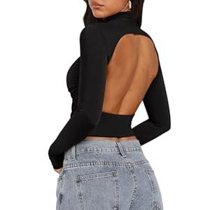 PINKMSTYLE Womens Backless Ruched Double Lined Top Turtleneck Long Sleeve Shirts Fall Going Out Outfits 2025 Black Medium