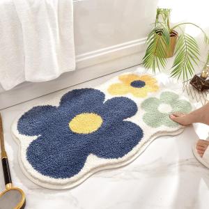 Flower Bathroom Rug Super Absorbent and Thick Microfiber Non Slip Bath Mat Machine Washable and Shaggy Bath Carpet for Bathroom, Bedroom and Living Room (24"x16", Yellow)