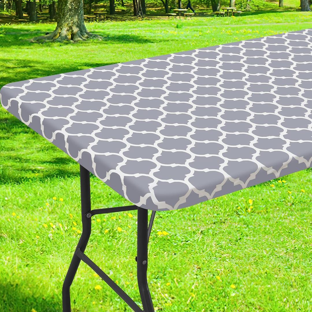 Smiry Rectangle Picnic Table Cover, Waterproof Elastic Fitted Camping Tablecloths for 8 Foot Tables, Wipeable Flannel Backed Vinyl Tablecloth Protector for Indoor, Outdoor (Grey, 30x96 Inches)