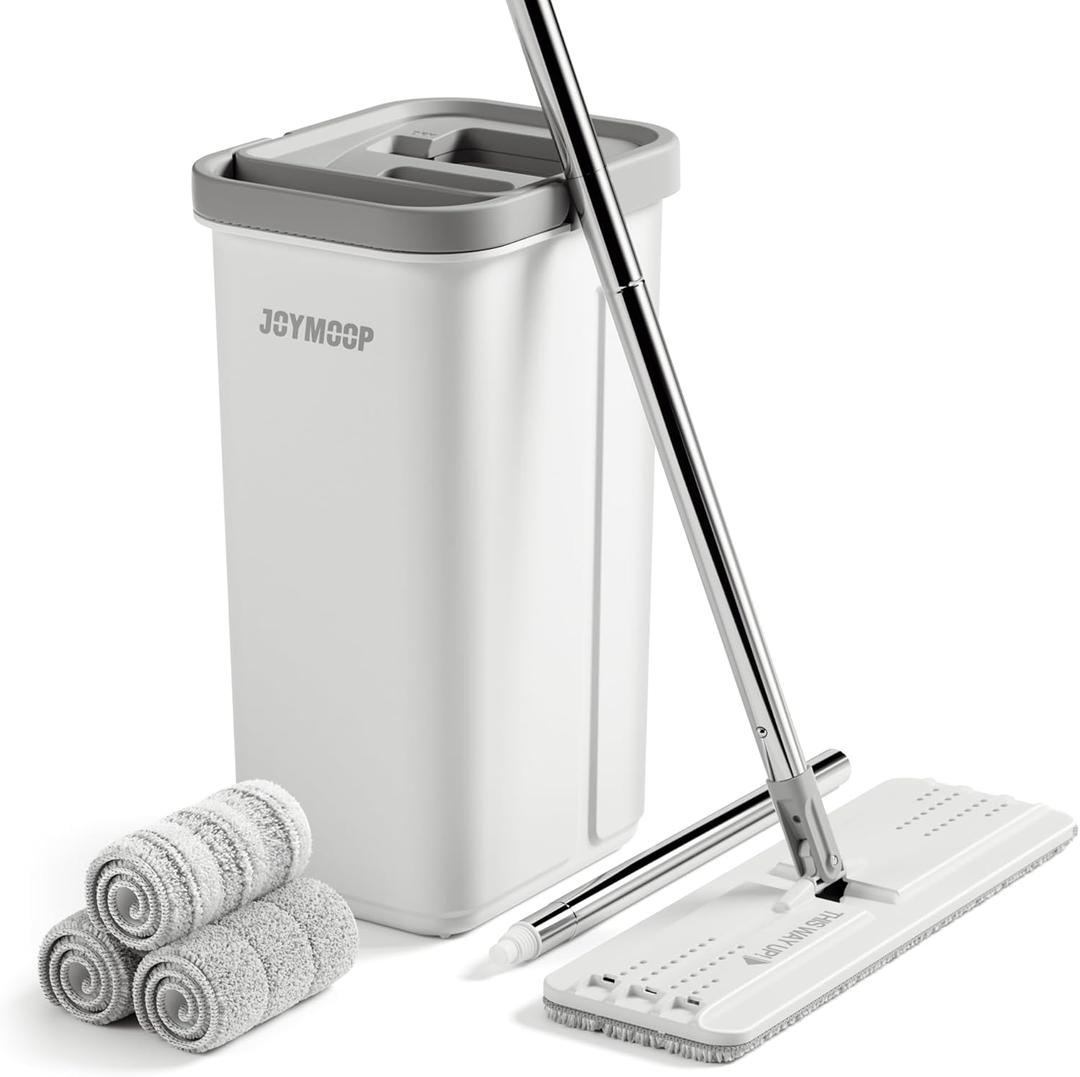 JOYMOOP Mop and Bucket with Wringer Set, Hands Free Flat Floor Mop and Bucket, 60" Mop with 3 Reusable Microfiber Pads, Wet and Dry Use, Floor Cleaning System (Middle Bucket #13 + 60" Flat Mop + 3 Pads)