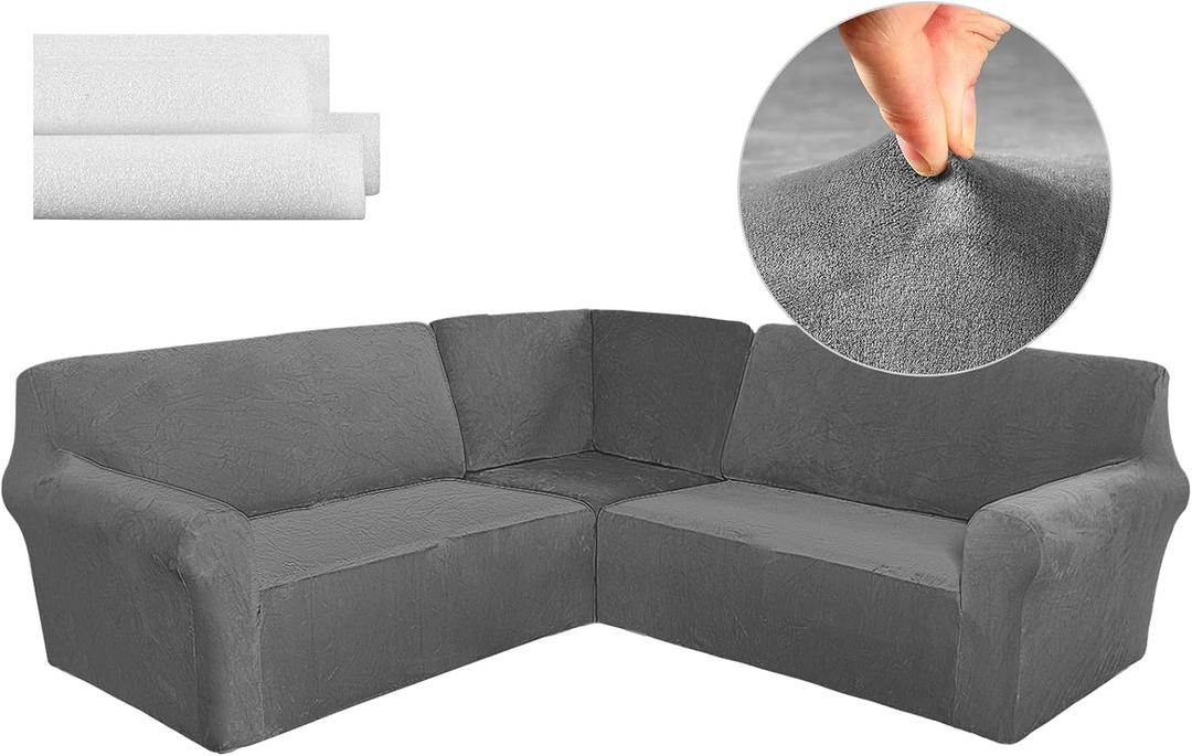 Breling 3 Pcs L Shaped Couch Covers for Sectional Corner Sofa Stretch 5 Seat Washable Corner Sofa Slipcover Sectional Couch Protector for Living Room(Dark Gray,Velvet)