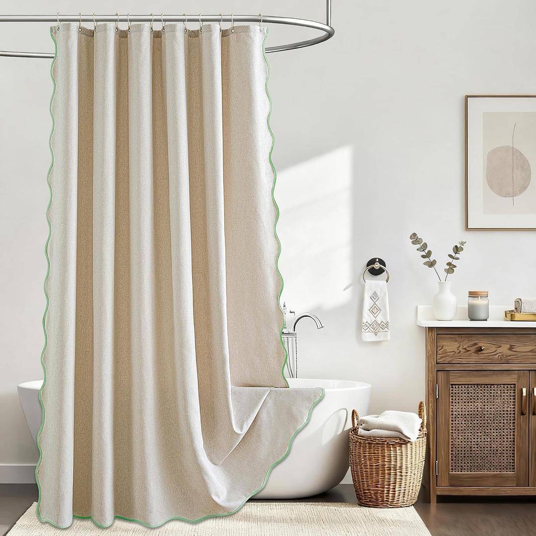 Beige Extra Long Shower Curtain Linen Textured with 12 Metal Hooks Cute Heavy Duty Washable Waterproof Neutral Thick Cloth Shower Curtains with Sage Green Border for Bathroom Hotel Bathtub, W72xL84