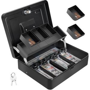 Polspag Cash Box with Lock and 2 Keys, Metal Money Box with Cash Tray, Lock Safe Box, 4 Bill/5 Coin Slots, 11.8L x 9.5W x 3.5H Inches (Top Key-Black)
