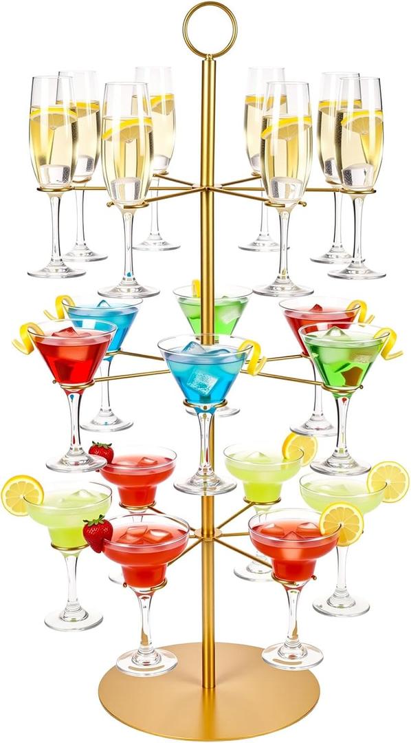 Cocktail Tree Stand for Drinks Champagne Tower for Parties, 3 Tiers 18 Holders Party Bar Wedding Metal Wine Glass Display Holder for Martinis Margarita Gin Wine Bridal Cups(Gold)