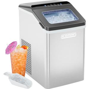 Iceman Pebble Ice Machine, Countertop Nugget Ice Maker Produces Chewable Pellet Ice in 20 Minutes, Makes 33lbs/Day, with One-Touch Cleaning Function and Ice Scoop/Basket Included Stainless Steel