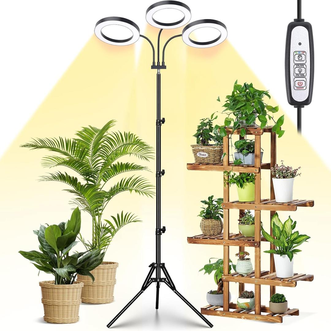 LORDEM Grow Light for Indoor Plants, Tri-Head Plant Light for Plants Growing, Full Spectrum Growth Lamp with Auto Timer for 4/8/12H, 4 Dimmable Levels, 216 LEDs, Height Adjustable Stand 24.4"- 67"