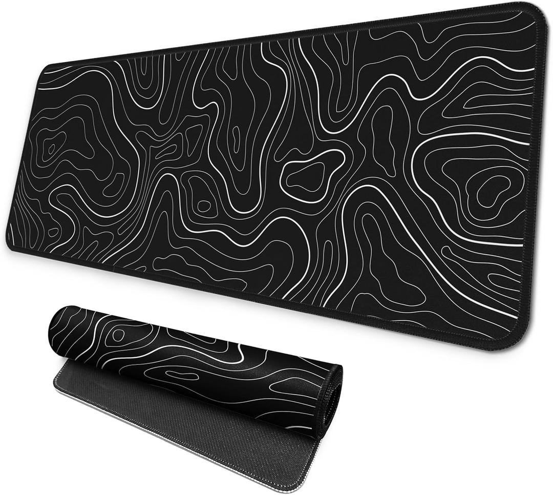 Large Gaming Mouse Pad, Full Keyboard Mat, Long Laptop Mousepad, Computer Mouse Mat for Home and Office, Anti-Slip Rubber Base, 31.5 x 11.8 Inches (Black Topographic Map)