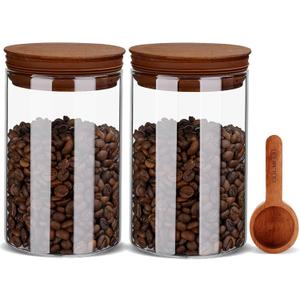 27oz Coffee Canister with Scoop and Wooden Lids, Airtight Coffee Grounds Container Set of 2 for Coffee Bar Organizer, Glass Jar for Coffee Beans Storage
