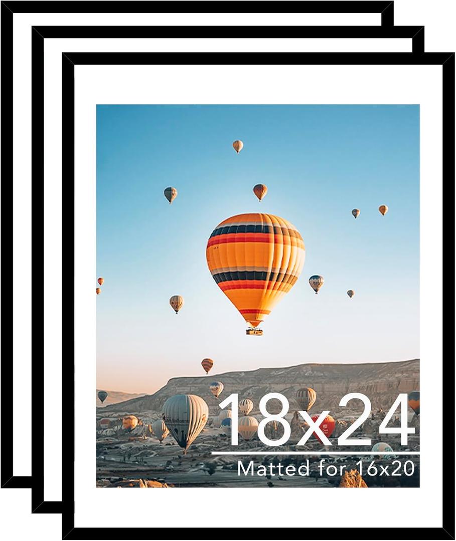 JCJMY 18x24 Picture Frame Set of 3 with 16x20 Mat, Display Photo 16x20 with Mat or 18 x 24 Without Mat, Wall Hanging Large 18 by 24 Poster Frame with Plexiglass, 3 Pack, Black
