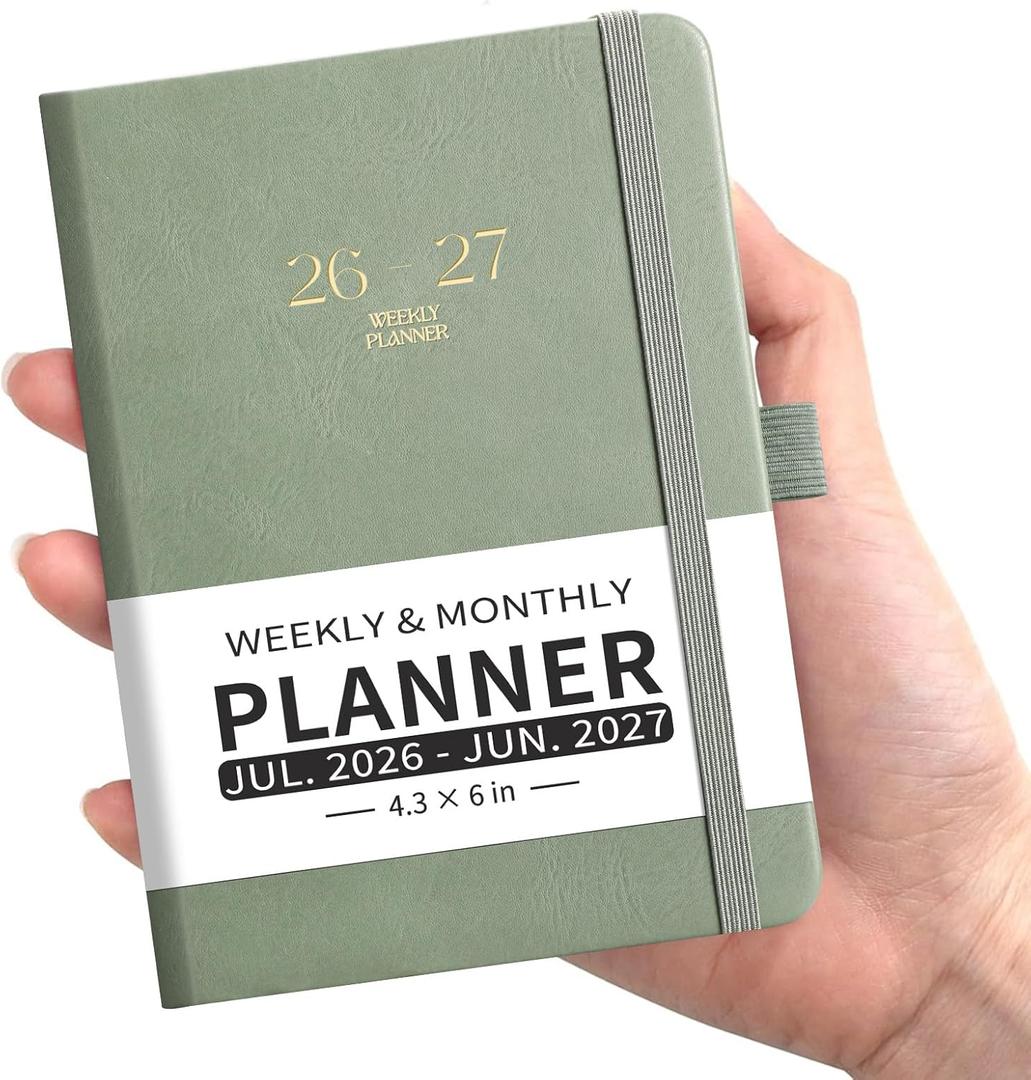 EMSHOI Pocket Calendar 2026-2027, Small Mini Academic Planner Weekly and Monthly, July 2026-June 2027, School Student Teacher Agenda, Leather Hardcover, 100GSM Paper, Tabs, A6 4.3"x6", Light Green