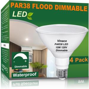 Vinaco PAR38 LED Flood Light Bulbs, 4 Pack 1300LM PAR38 Outdoor Flood Light Bulbs 15W, Equivalent 150W, 5000K Daylight Dimmable Waterproof No Flicker PAR 38 Bulb 120V, E26 Base for Indoor & Outdoor