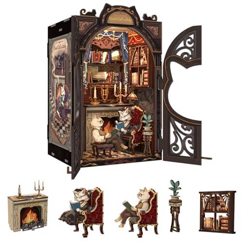 Fsolis Book Nook Kit Cat DIY Miniature Dollhouse Kit, 3D Wooden Puzzles for Adults, 108 Pieces, Bookshelf Decor Mini Building House, Gift for Readers Book Lovers (Count Cat's Study)