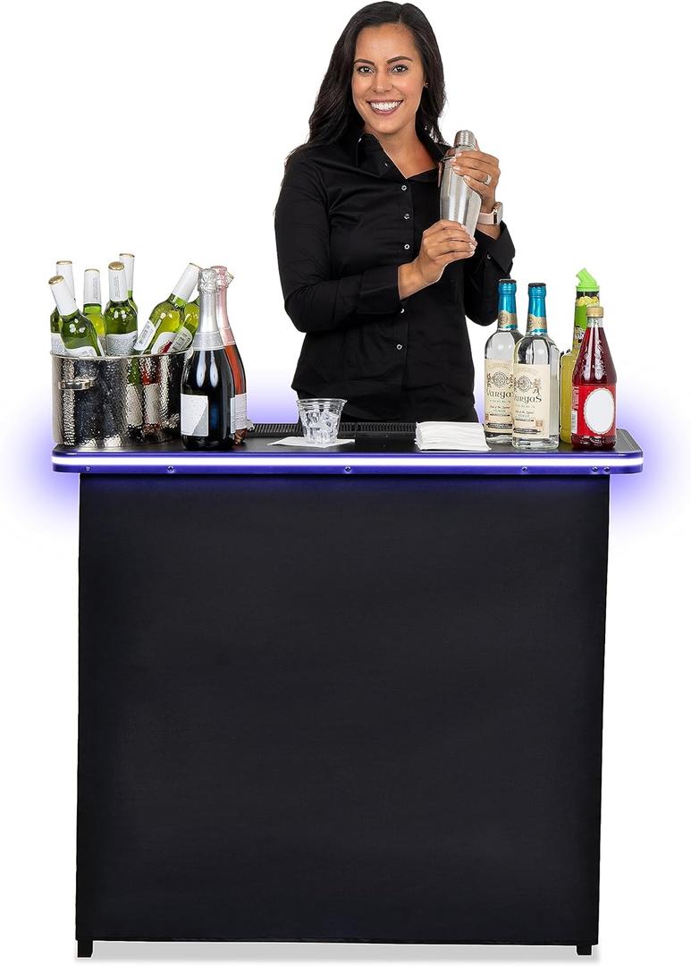 GoBar Portable Bar Table for Events - Black, 3 Skirts, or LED - Pop Up Mobile Bartending Station with Travel Carrying Case (Led Black Skirt)