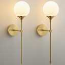 Mid Century Globe Wall Sconce - Set of 2 Modern Milk Glass Round Sconces - Brushed Brass Gold Light Fixtures with Dimmable Bulbs - Ball Indoor Lighting for Bathroom Bedroom Living Room Vanity Decor