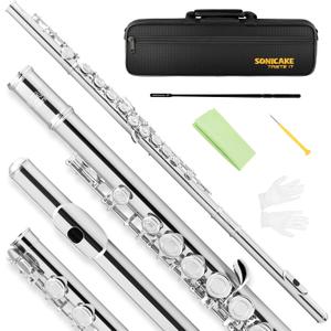 SONICAKE Nickel-plated C Flutes, Closed Hole 16Keys Flute for Beginner Student, Flute Instrument with Cleaning Kit, Carrying Case, Gloves, Tuning Rod, QFL-01