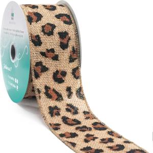 CT CRAFT LLC Burlap Leopard Fabric Wired Ribbon 2.5" x 10 Yards Natural with Black and Bronze Color for Christmas Home Wedding Decor Gift Wrapping Tree Topper Bow Wreath Bouquet DIY Crafts