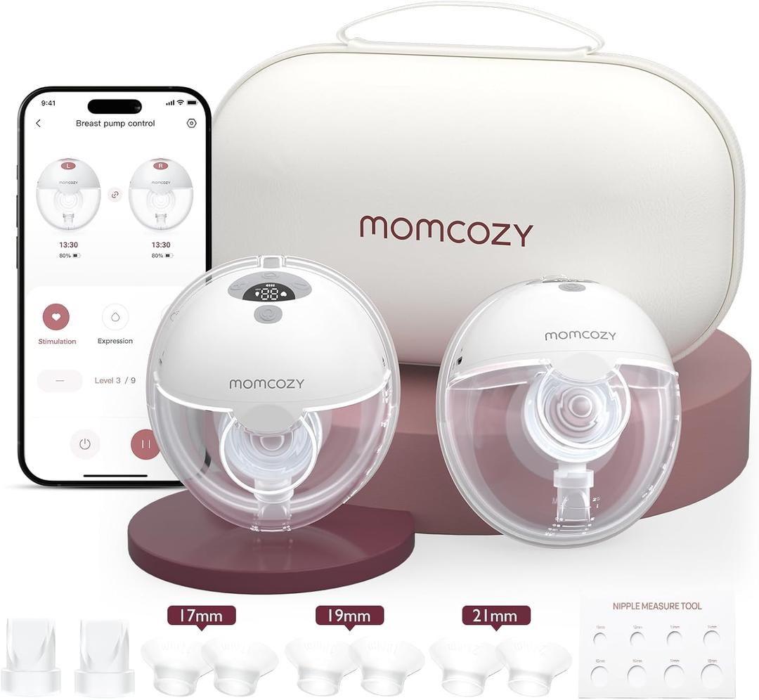 Momcozy M5 Smart APP Controlled Wearable Breast Pump, Hands-Free Wireless Electric Pump, 3 Modes 9 Suction Levels, BPA-Free, Portable Lightweight, 24mm Flange, 2-Pack Quill Gray