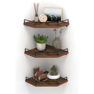 HORLIMER Floating Corner Shelf Wall Mount, 3 Pack Rustic Wood Corner Wall Shelves with Fence for Bedroom, Bathroom, Kitchen, Living Room, Brown