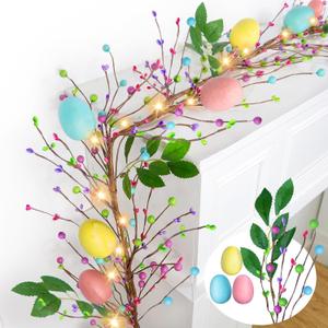 6 Ft 20 LED Easter Decorations Easter Garland with Lights Timer Colorful Eggs Mixed Berried Green Leafed Artificial Easter Egg Garland Spring Garlands for Home Mantle Fireplace Table Indoor Outdoor