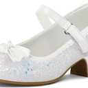 K KomForme Girl's Dress Shoes Mary Jane Glitter 1.5 in Low Heel Wedding Party Princess Shoes for Toddler/Little/Big Kids (White) 12 US