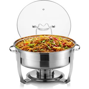 Chafing Dish for Buffet Set, by Kook, Catering Food Warmers, Round Dishes, Warmer Tray, Stainless Steel with Glass Cover and Holder, for Parties, Dinners, 4.5 Qt (1 Pack)