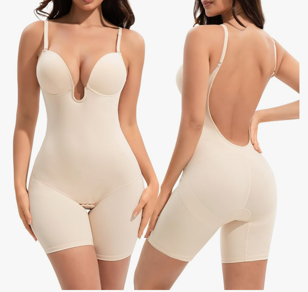 Slimers Backless Shapewear Tummy Control: Low Back Plunge Shapewear Bodysuit - Slimming Built-In Bra Full Body shaper Woman, Size M