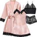 Hellomamma Women's Silk Pajama Set: 4-Piece Satin Robe Lingerie Sexy Sleepwear Lounge Set for Brida Wife Girlfriend (Medium, Pink)