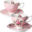 BTaT- Floral Tea Cups and Saucers, Set of 2, 8 oz, Fine Porcelain Teacup Set with Gold Trim for Afternoon Tea, Weddings, Parties & Gifting, Dishwasher Safe, Lightweight, Non-Toxic, Mothers Day Gift (Pink)