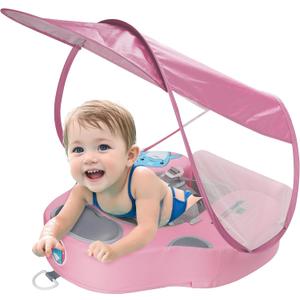 Baby Swim Float with UV Protection Sunshade Infant Pool Float Add Tail for 3-24 Months (Pink)