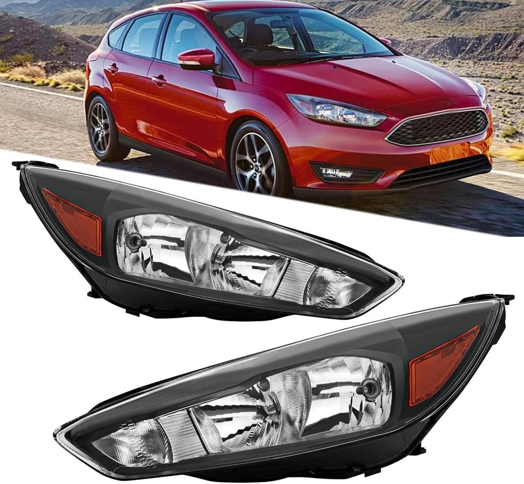 Headlights Assembly Compatible with 2015 2016 2017 2018 Ford Focus S | SE | ST Halogen Head Light Headlamp w/Bulb, Black Housing Amber Corner