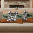 Sweet Home Throw Pillow Covers 12x20 Set of 2,Bow Black Buffalo Plaid Decorative Pillow Covers,Sage Green Orange Cushion Case for Sofa Couch Patio Garden Bedroom