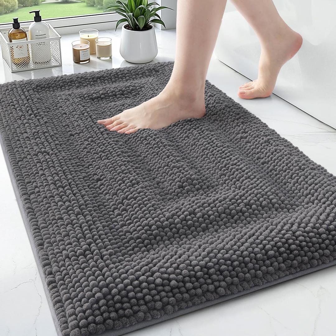 Color&Geometry 32x20 Ultra Soft Chenille Dark Grey Bathroom Rugs, Non-Slip Bath Mat with Elastic Fabric Backing, Super Absorbent and Washable Shower Mats for Inside Shower,Tub,Bathroom, Grey