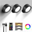 Wall Mounted Lights, 3 Pack Rechargeable RGB Color Changing Light, 3 Color Temps & Remote and Touch, 360Rotation Dimmable Cordless for Study Bedroom Reading Bedside (Black)