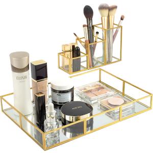 Gold Metal Frame and Glass Vanity Tray Set, Large Decorative Platform for Perfumes, Makeup Brushes, Jewelry Display, Office Stationery Holder, Sophisticated Design, 12.2x8.5x2.2 in