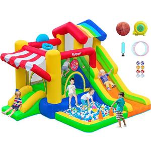 FBSPORT Inflatable Bounce House with Slide for Kids, Indoor and Outdoor Blow up Bouncy House Bouncer Castle with Ball Pit, Jumping Area, Climbing Wall, Ball Shooting, Basketball Hoop, Ring Toss