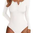 PRETTYGARDEN Long Sleeve Bodysuits for Women 2026 Ribbed Knit Henley Button Up Slim Fitted Basic Tops Spring Fashion Clothing (White,X-Large)