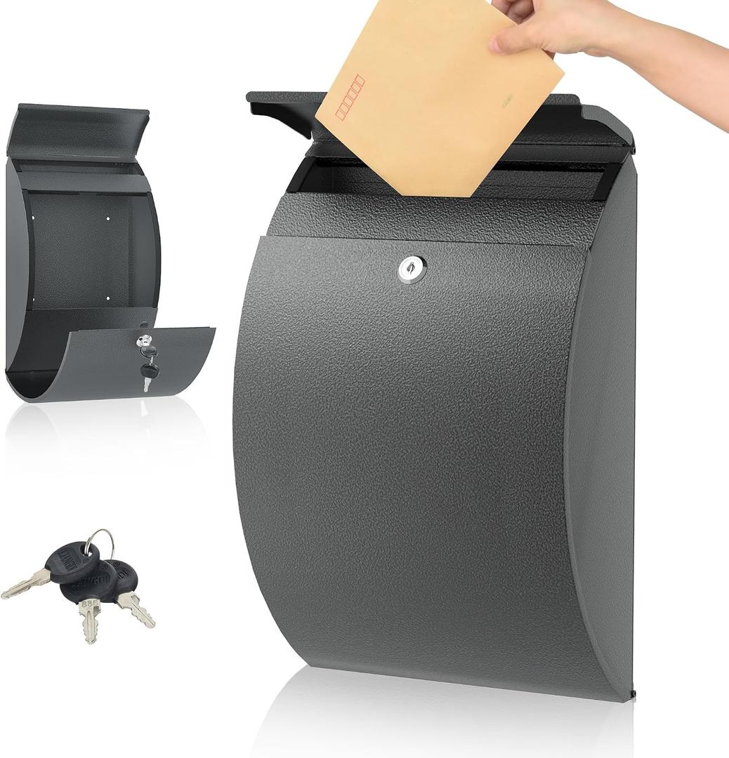 Metal Mailbox Wall Mount, Large Locking Mailbox with Key Lock, Hanging Secure Postbox, Security Key Drop Box, Collection Boxes, Grey, 5" D x 11" W x 17" H