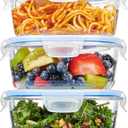 FineDine 6-Piece Superior Glass Food Storage Containers Set, 32oz Capacity - Newly Innovated Hinged Locking lids - 100% Leakproof Glass Meal-Prep Containers, Freezer-to-Oven-Safe (Blue)