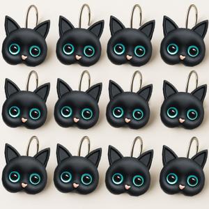 Large Black Cat Head Shower Curtain Hooks Set of 12 - Cute Resin Bathroom Curtain Rings for Kids and Cat Lovers, Fits Standard Shower Curtain Rods